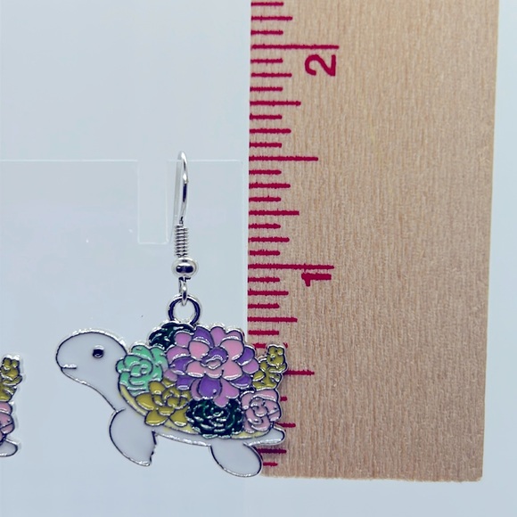 Turtles with a Succulent Plant Shell Charm Dangle Earrings - Picture 4 of 6